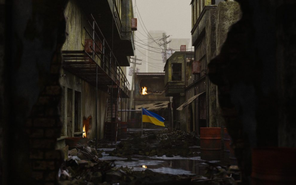 ukraine-flag-amid-bombed-buildings