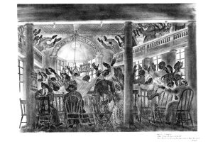 a historical black and white illustration of Pentecost