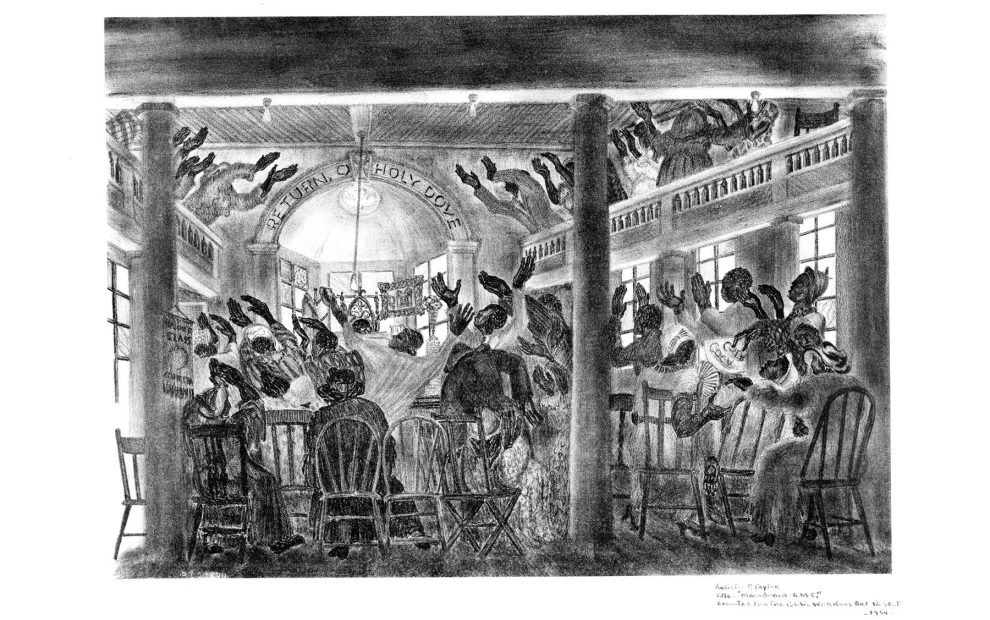 a historical black and white illustration of Pentecost