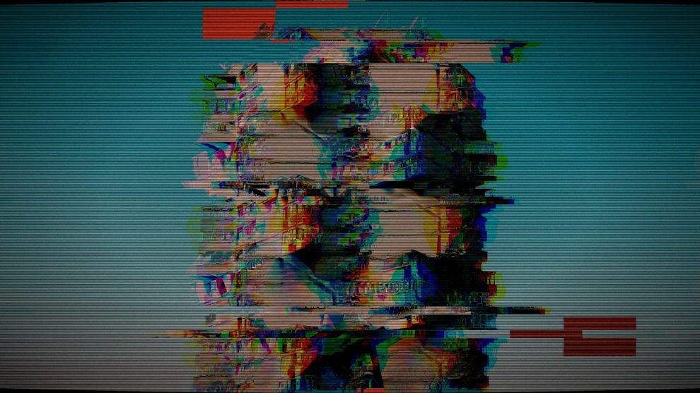 Distorted heads on a glitchy television screen