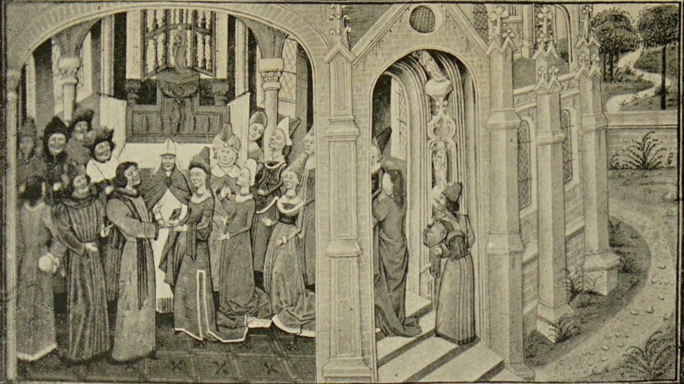 a historical image of a group of people standing in front of a priest