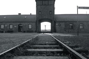 Black and white photo of Auschwitz