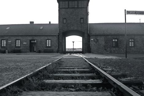 Black and white photo of Auschwitz