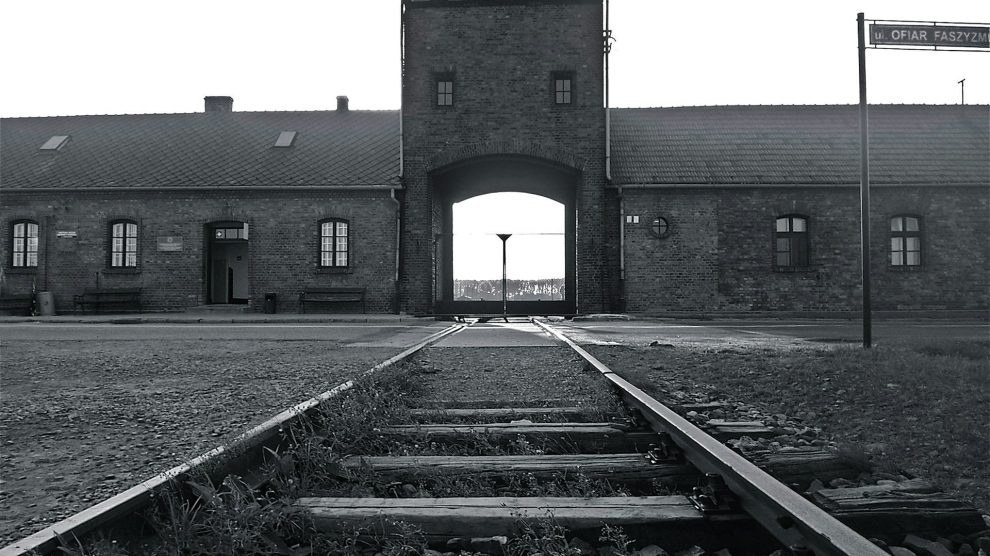 Black and white photo of Auschwitz