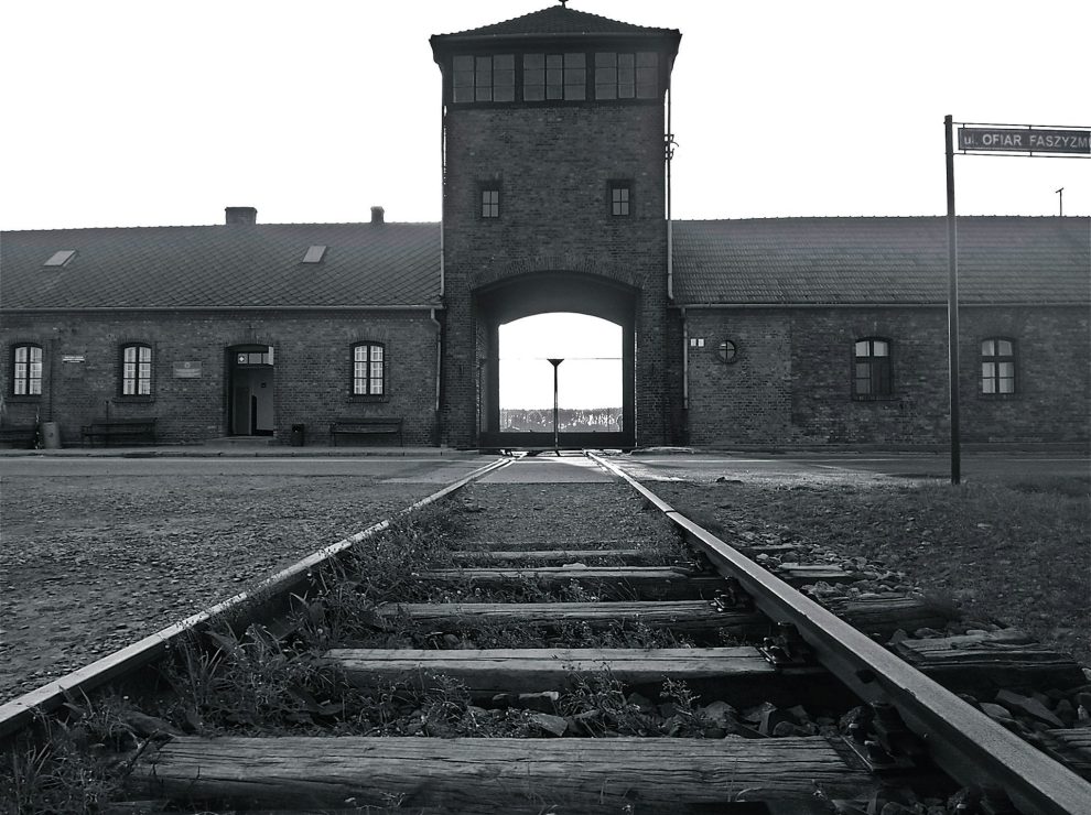 Black and white photo of Auschwitz