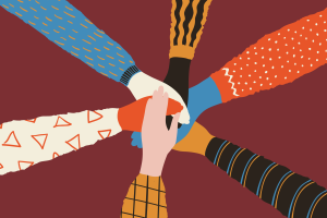 Stylized image of 6 arms coming together in the center with palms on top of each other.