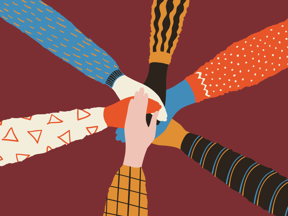 Stylized image of 6 arms coming together in the center with palms on top of each other.