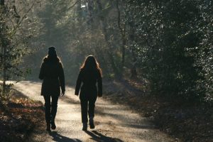 Two people walking down a path together