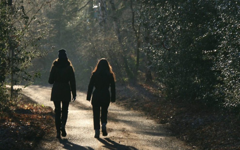 Two people walking down a path together