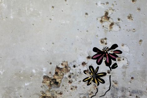 Flowers painted over bullet holes in a wall