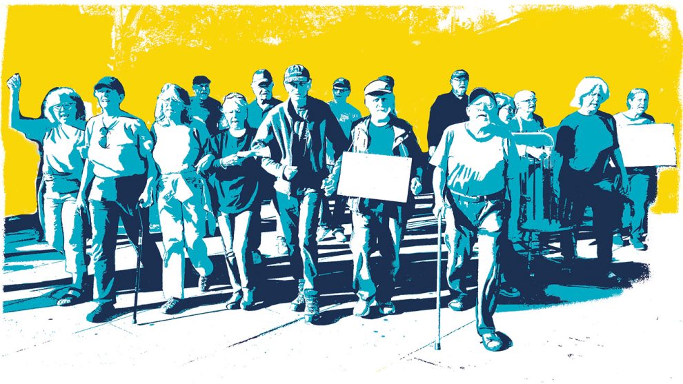 Elder activists at protest, posterized