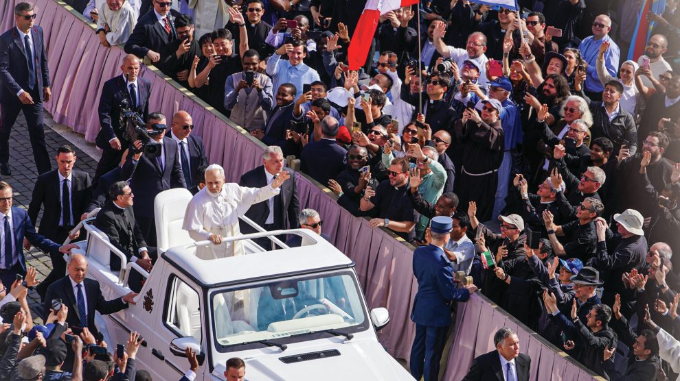 Pope Leo XIV in the popemobile at his inauguration