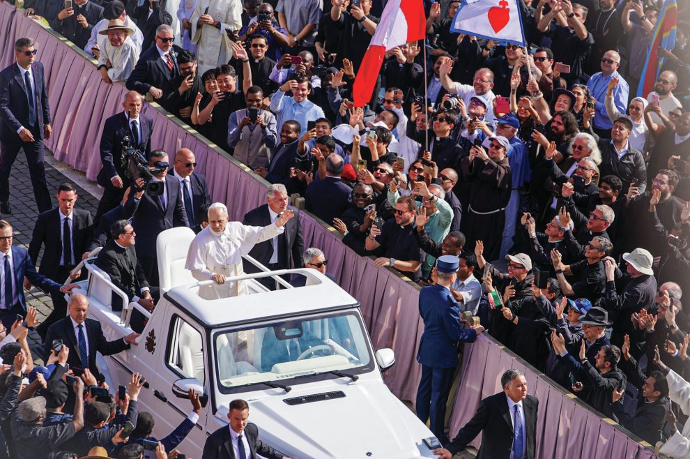 Pope Leo XIV in the popemobile at his inauguration