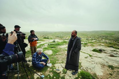 Palestinian filmmaker Hamdan Ballal, codirector of the documentary No Other Land, talks to the media about Israeli settler attacks on his village of Susya in Masafer Yatta. Mosab Shawer/MEI/MEI/SIPA/Newscom