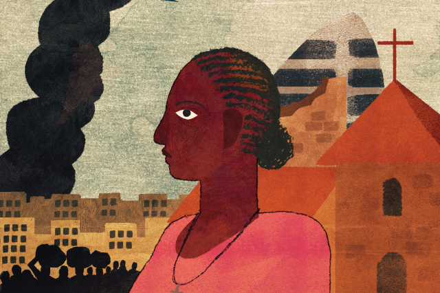 Illustration of woman in war-torn Sudan