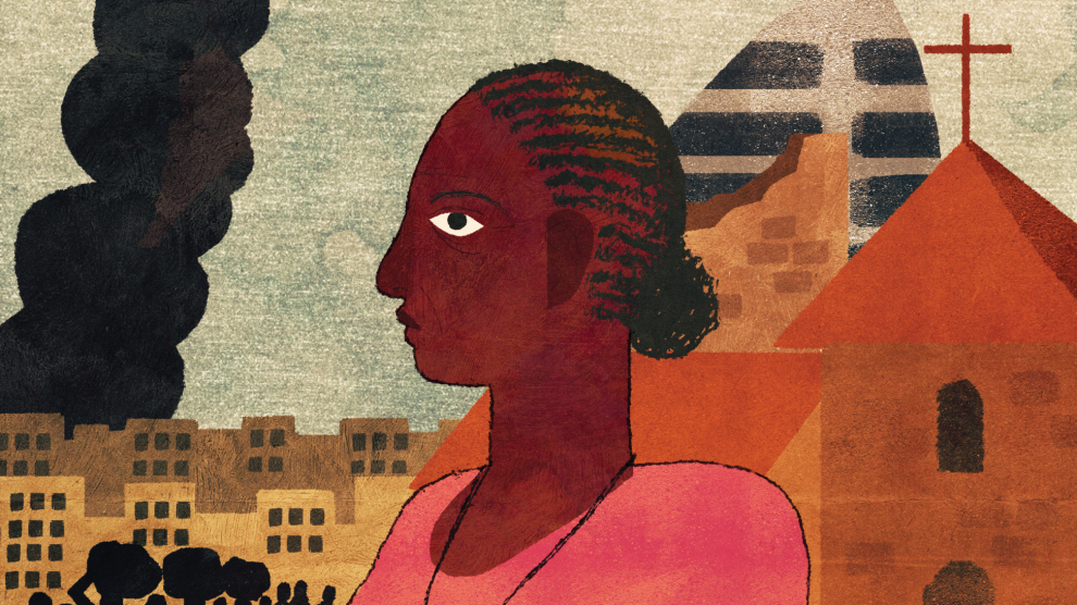 Illustration of woman in war-torn Sudan