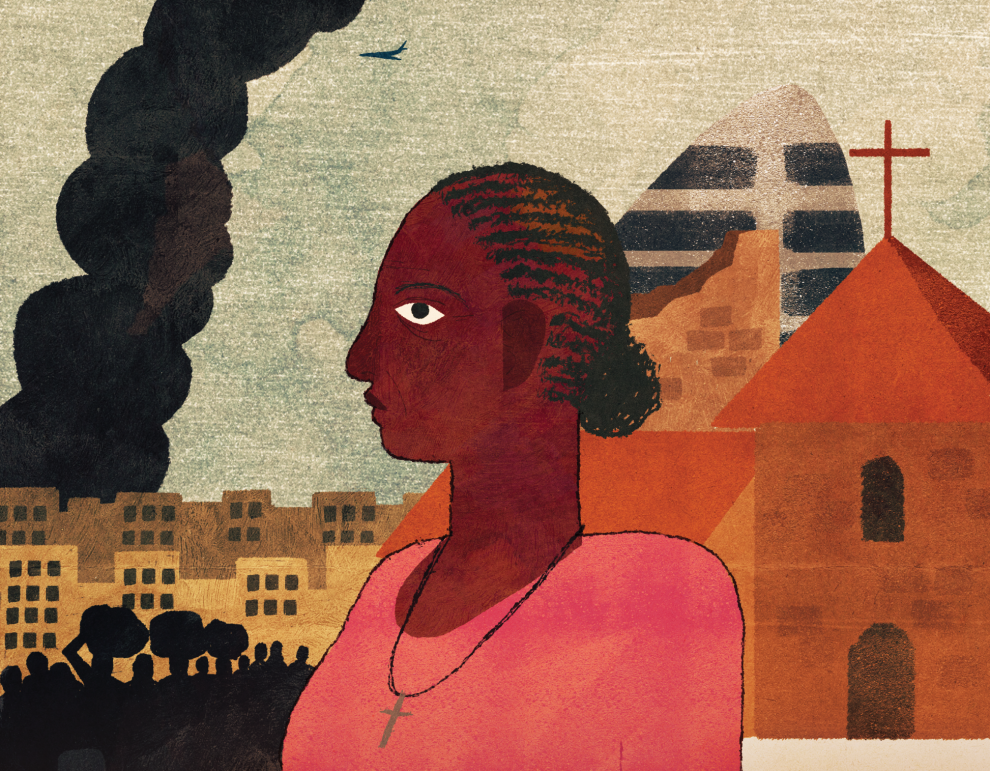 Illustration of woman in war-torn Sudan