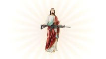Jesus holding a rifle, cropped from In Guns We Trust cover