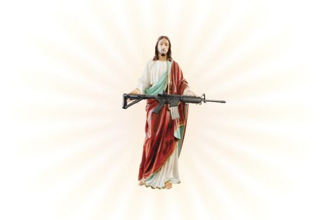 Jesus holding a rifle, cropped from In Guns We Trust cover