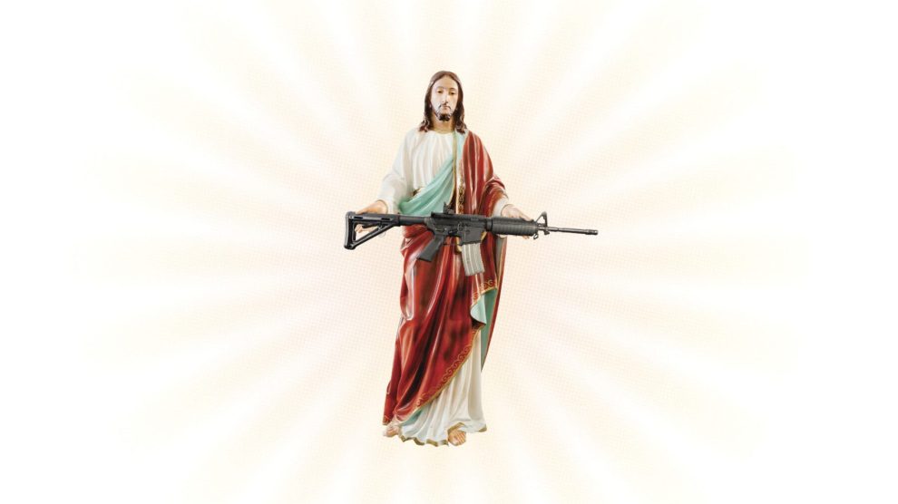 Jesus holding a rifle, cropped from In Guns We Trust cover