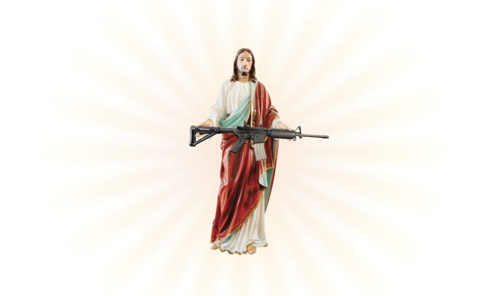 Jesus holding a rifle, cropped from In Guns We Trust cover
