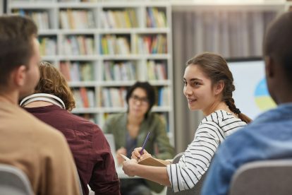 People talking in a classroom