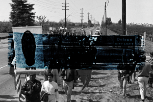 Photo of UFW march struck through with paint