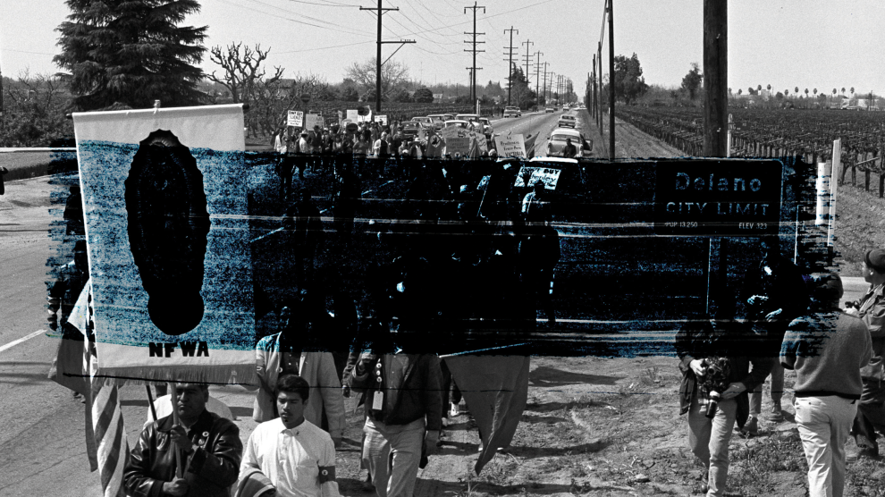 Photo of UFW march struck through with paint