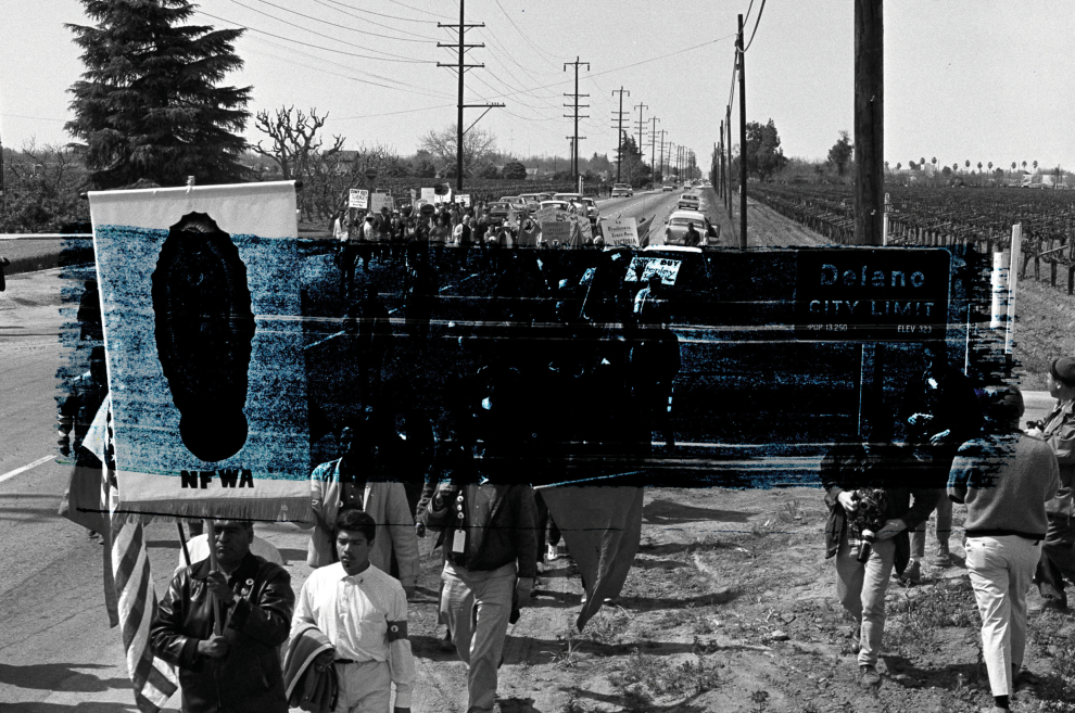 Photo of UFW march struck through with paint
