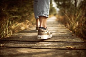 person walking on a wooden path