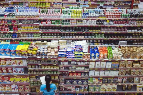 Overhead view of fully stocked grocery aisles