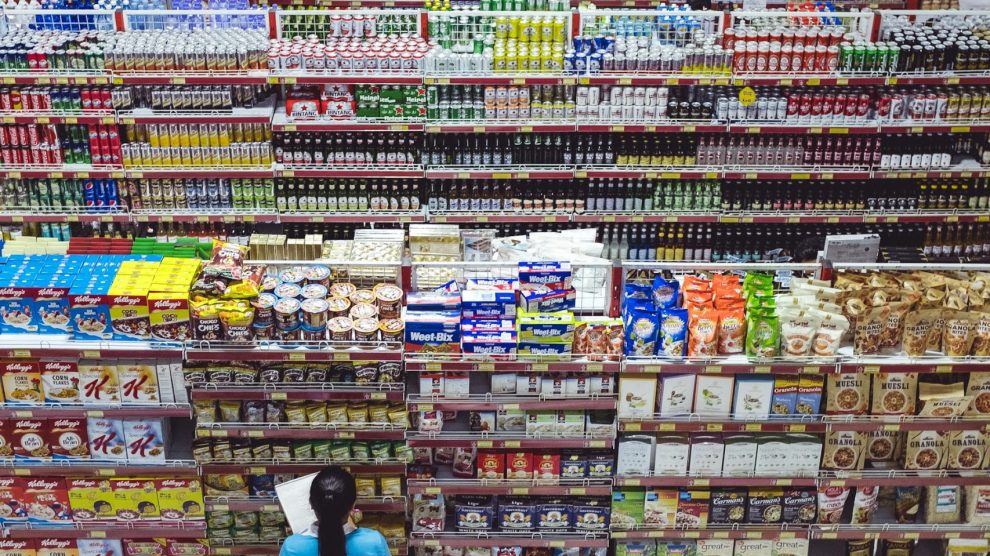 Overhead view of fully stocked grocery aisles