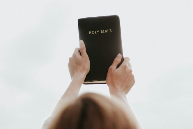 person holding up a bible