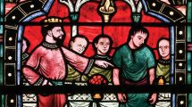 Stained glass painting of the parable of the wedding feast