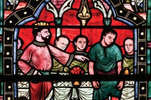 Stained glass painting of the parable of the wedding feast