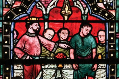 Stained glass painting of the parable of the wedding feast