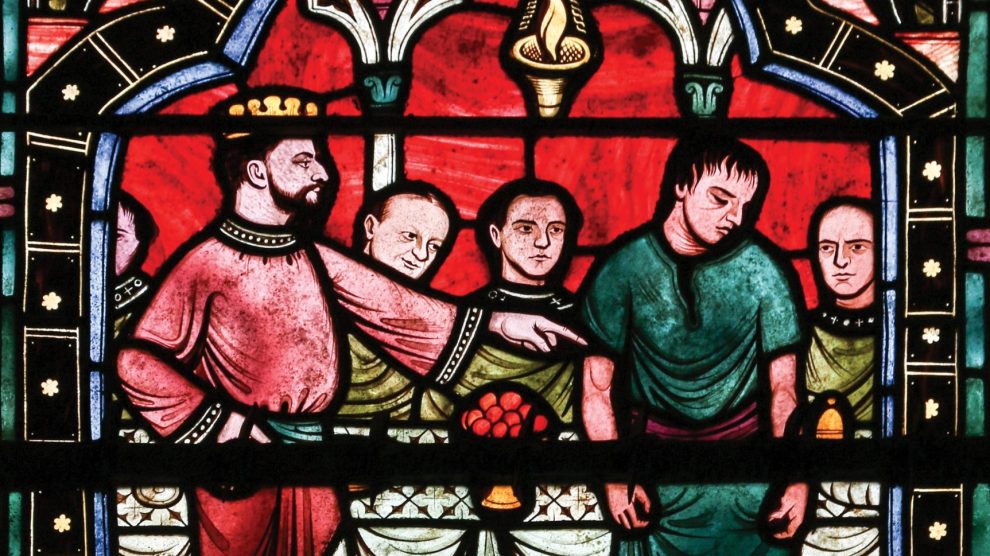 Stained glass painting of the parable of the wedding feast