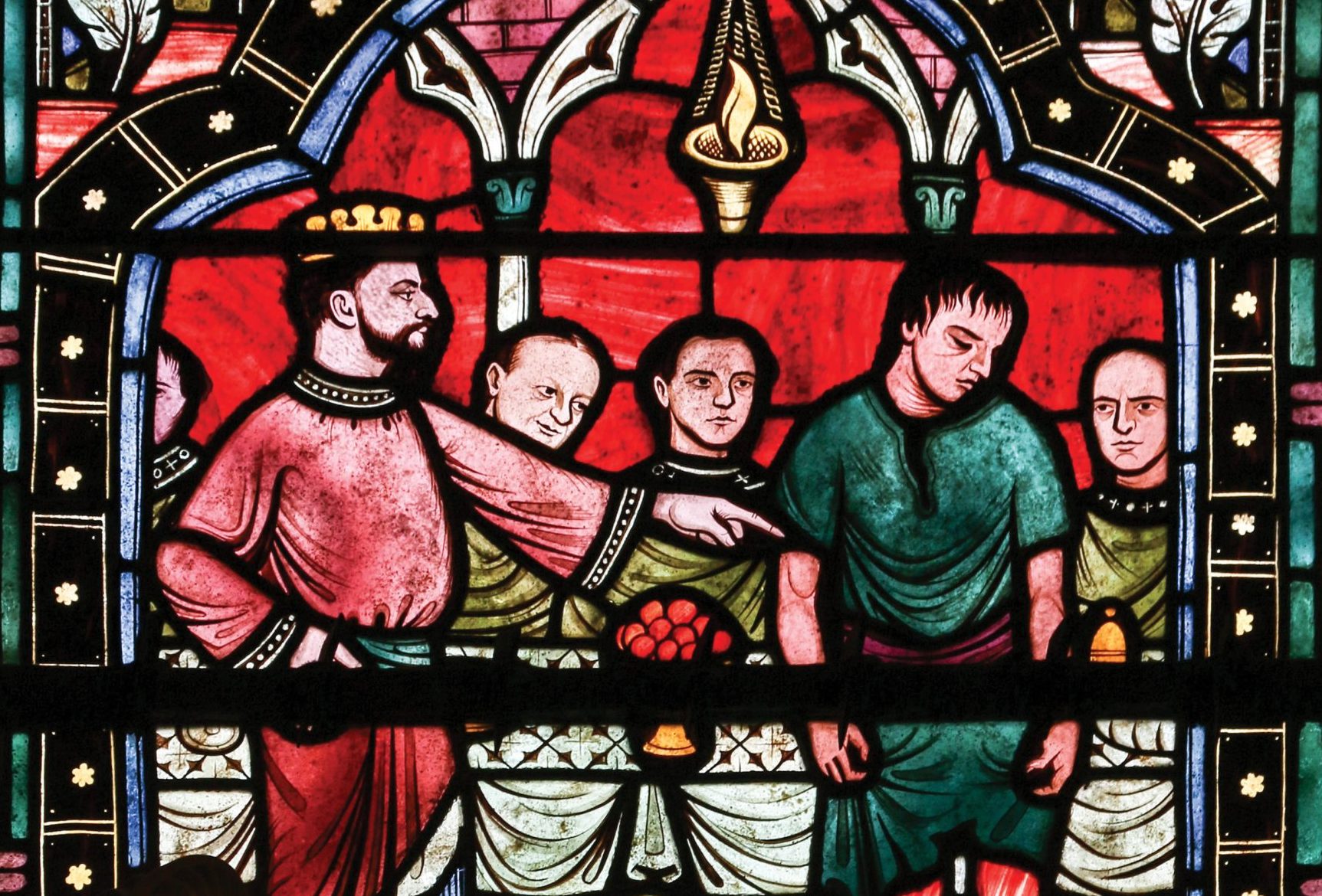 Stained glass painting of the parable of the wedding feast