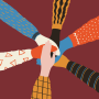 Stylized image of 6 arms coming together in the center with palms on top of each other.